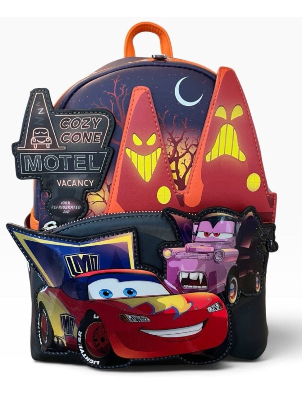 Loungefly Cars Costumes Halloween Glow in the Dark Cozy Cone Motel Backpack NWT